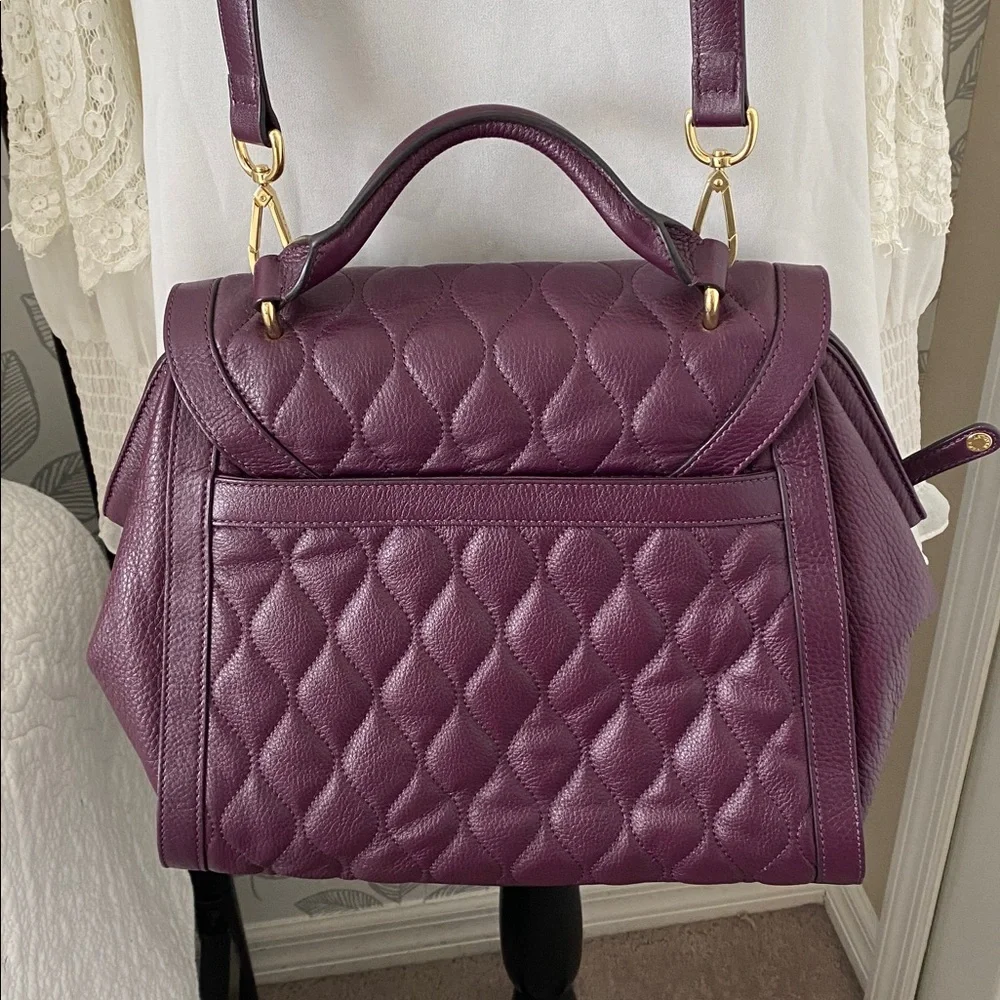 Vera Bradley Quilted Leather Stella Satchel in Aubergine with gold-tone hardware